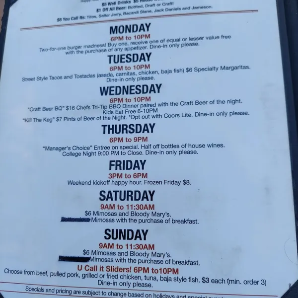 menu of Legends Restaurant & Sports Bar