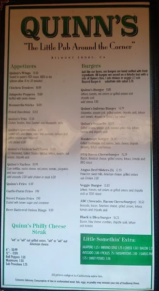 menu of Quinn's Pub & Grill