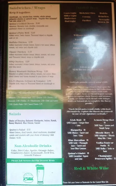 menu of Quinn's Pub & Grill