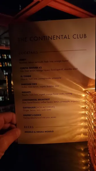 menu of The Continental Club