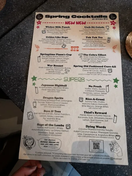 menu of Rye Cocktail Bar