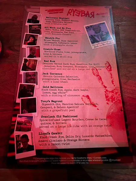 menu of Rye Cocktail Bar