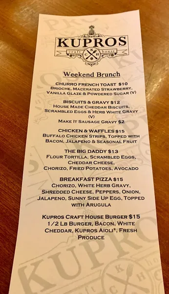 menu of Kupros Craft House