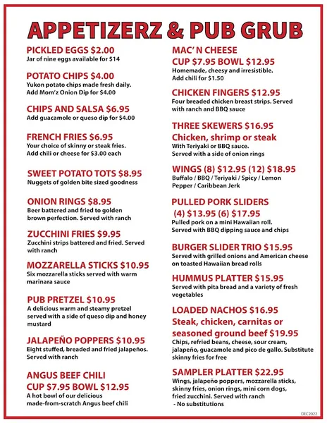 menu of Dogz Bar & Grill