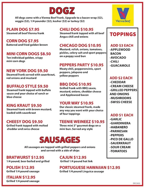 menu of Dogz Bar & Grill