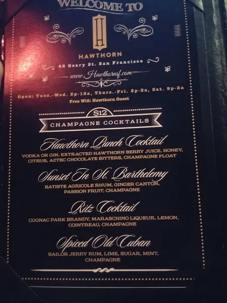 menu of Hawthorn SF Nightclub and Lounge