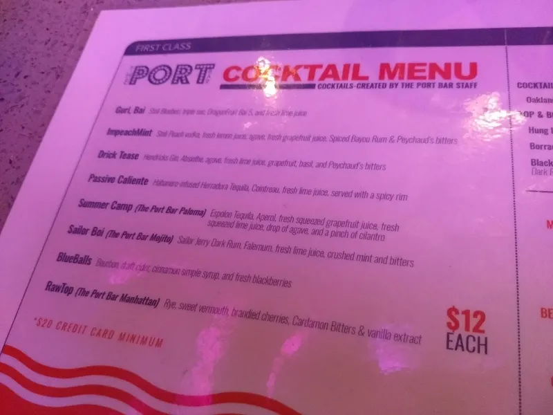 menu of The Port Bar