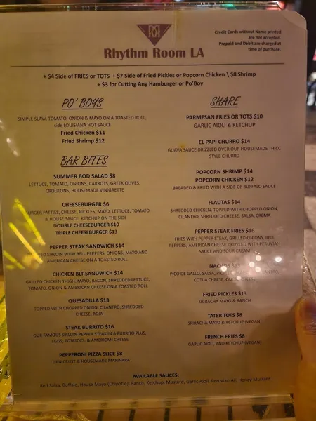 menu of Rhythm Room L.A.