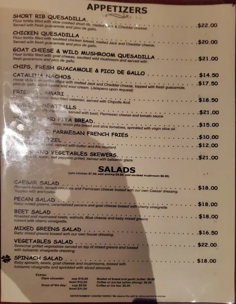 menu of Catalina Jazz Club