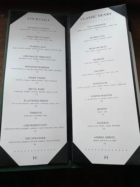 menu of Bar Henry