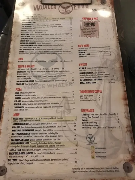 menu of The Venice Whaler