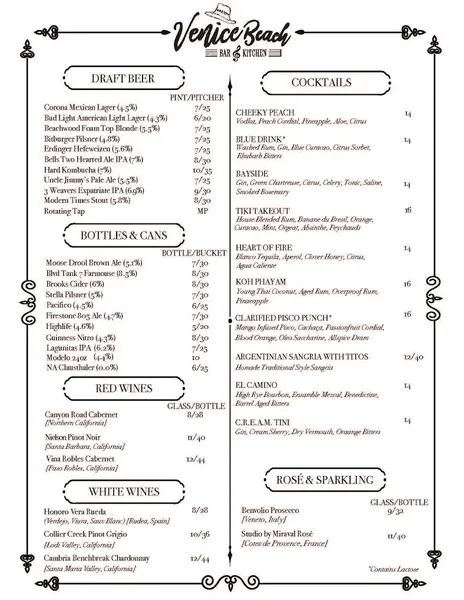 menu of The Venice Beach Bar & Kitchen