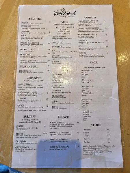 menu of The Venice Beach Bar & Kitchen