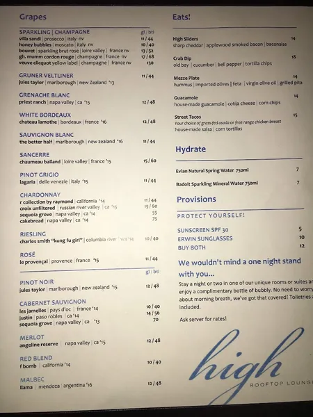 menu of High Rooftop Lounge