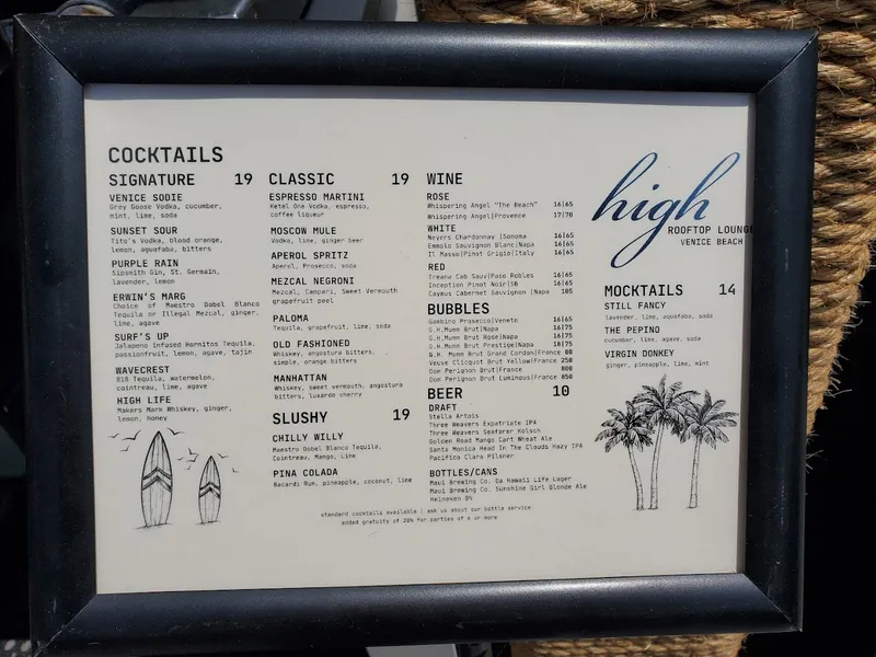 menu of High Rooftop Lounge