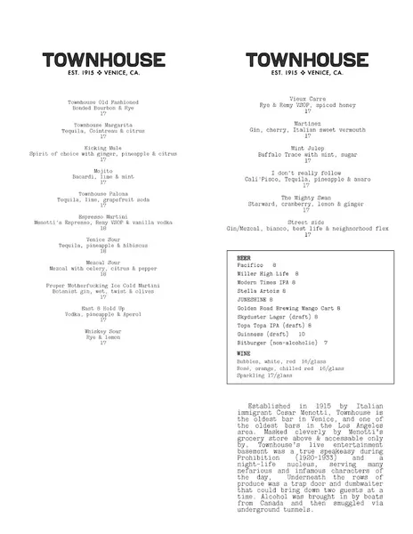 menu of Townhouse Venice