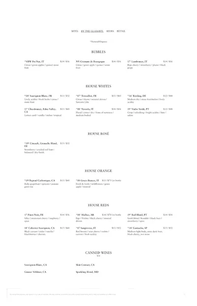 menu of Venice Beach Wines