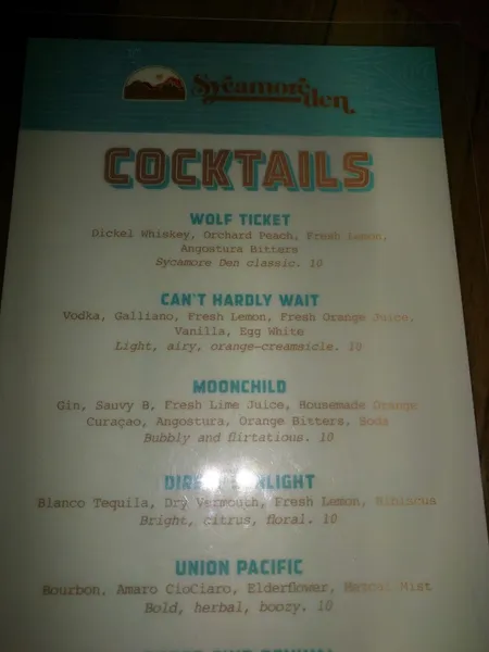 menu of Sycamore Den