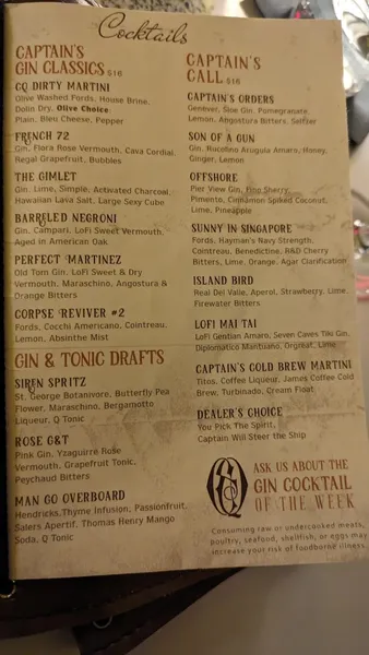 menu of Captain's Quarters