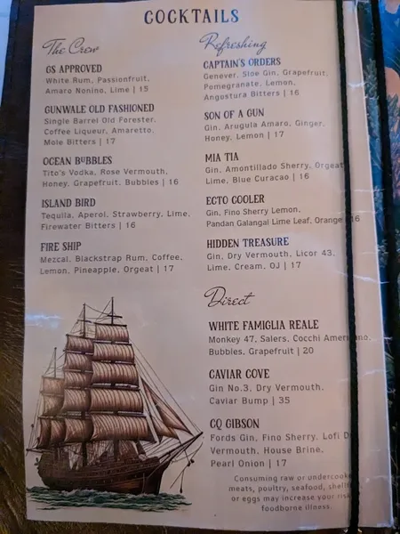 menu of Captain's Quarters