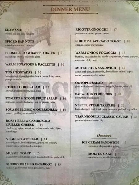 menu of The Vesper