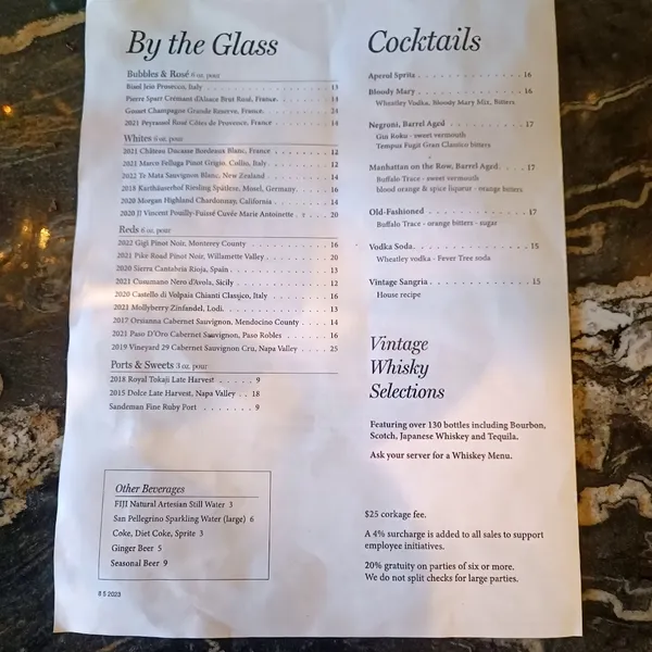 menu of Vintage Wine Bar