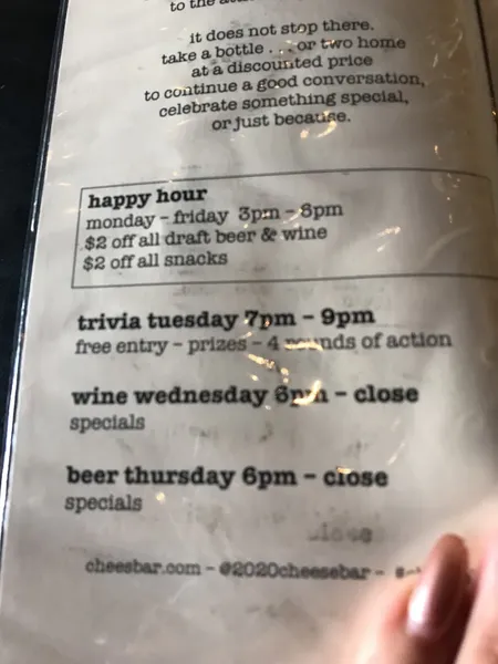 menu of 20twenty cheese bar