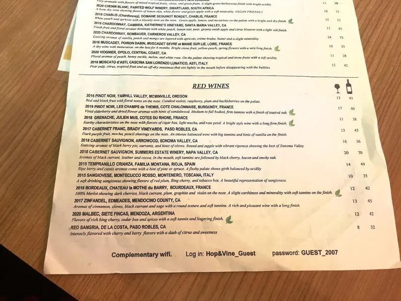 menu of Hop & Vine