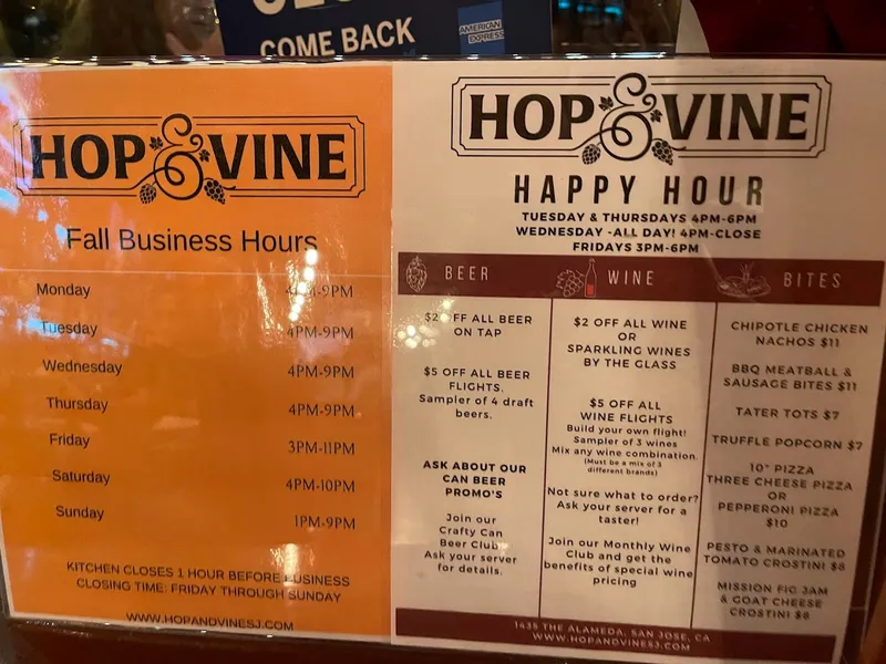 menu of Hop & Vine