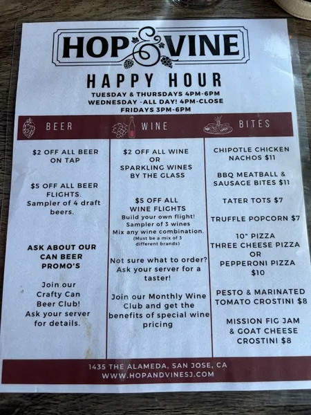 menu of Hop & Vine