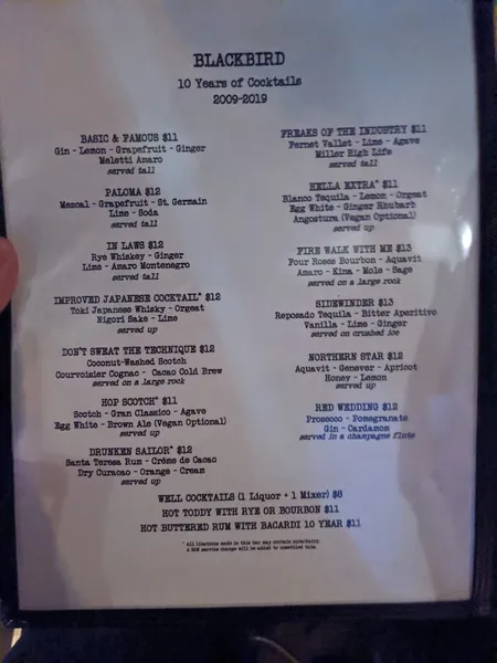 menu of Blackbird