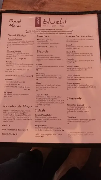 menu of Blush! Wine Bar