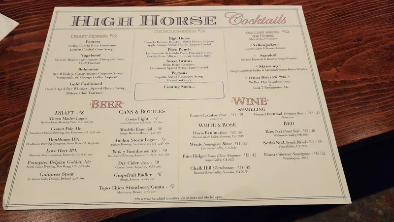 menu of High Horse