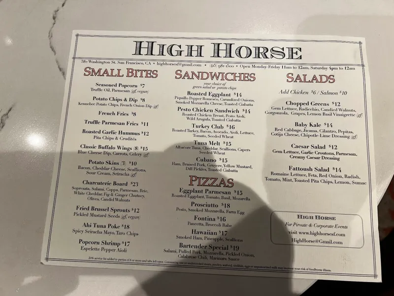 menu of High Horse