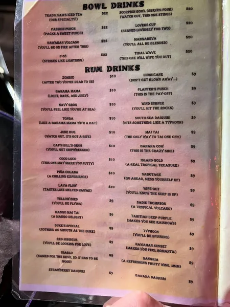 menu of Trad'r Sam