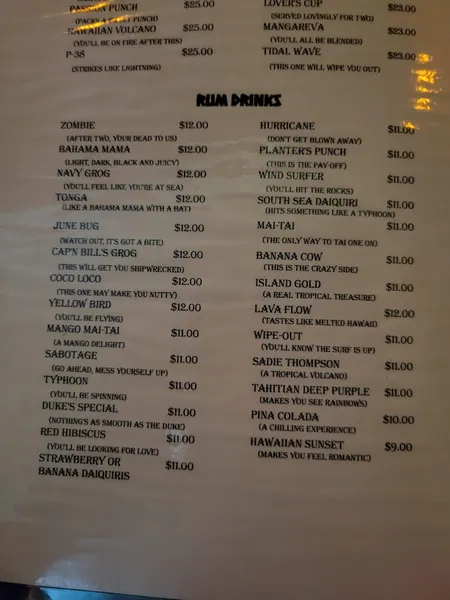 menu of Trad'r Sam