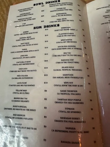 menu of Trad'r Sam