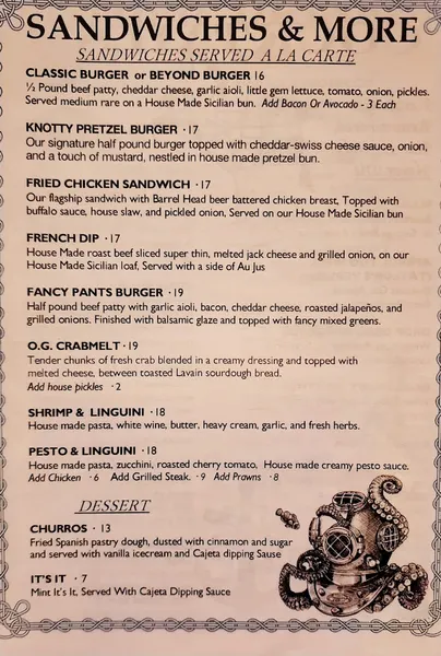 menu of Lost Marbles Brewery