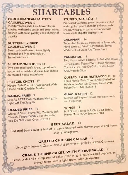 menu of Lost Marbles Brewery