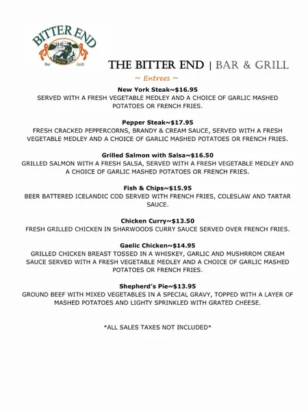 menu of The Bitter End