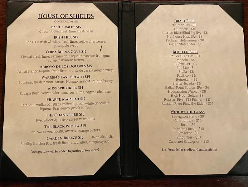 menu of The House Of Shields