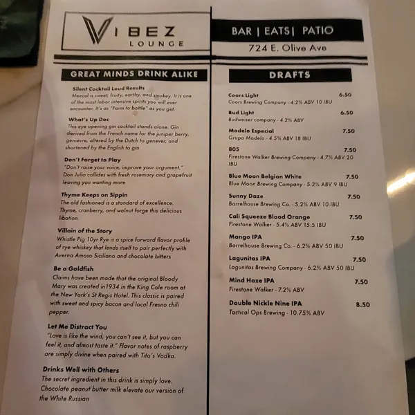 menu of Vibez Lounge