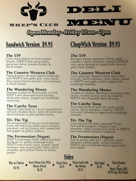 menu of Shep's Club at Shepherd's Inn