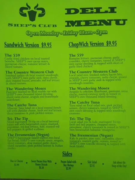 menu of Shep's Club at Shepherd's Inn