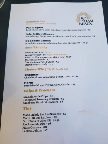 menu of Ro Sham Beaux