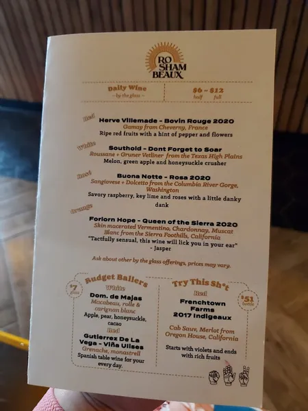 menu of Ro Sham Beaux