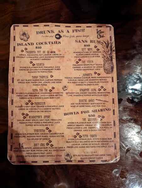 menu of Kona Club