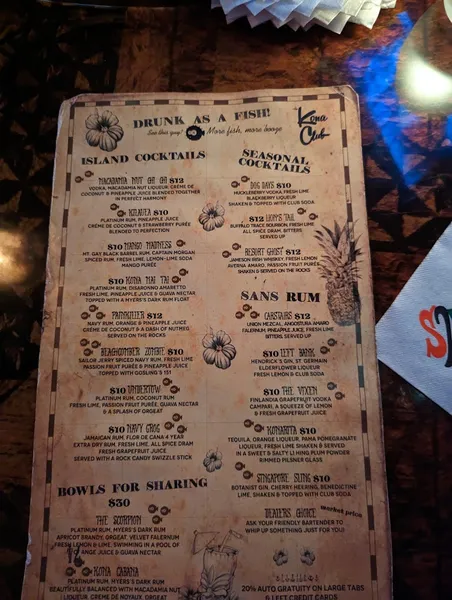 menu of Kona Club