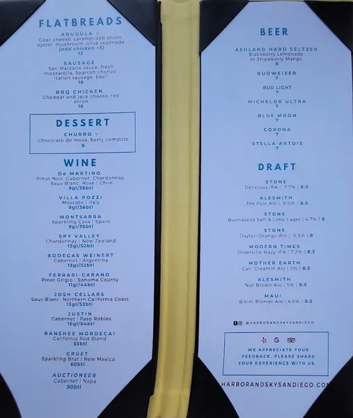 menu of Harbor & Sky Rooftop Bar and Lounge