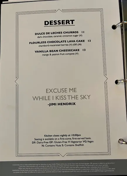 menu of Top of the Hyatt